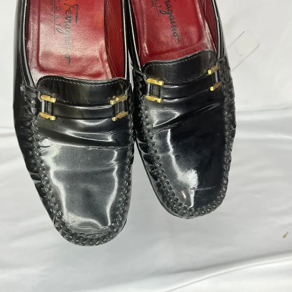 Salvatore Ferragamo‎ Loafers Mens 8.5 Black Patent Leather Sport Gold Hardware